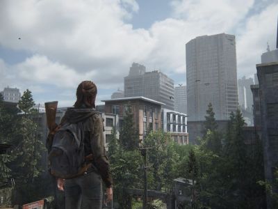 A woman looks out towards a post-apocalyptic city.