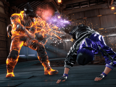 Image of a man getting kicked in the face by another man in a dimly-lit room in Tekken 8.
