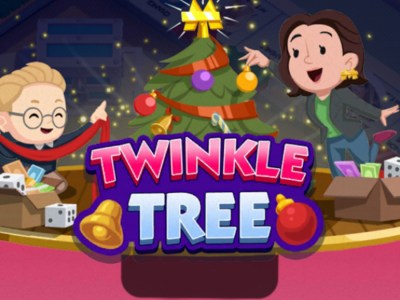 A header-sized image for the Twinkle Tree event in Monopoly GO. The image shows a young child with blonde hair wrapping tinsel around a Christmas tree while a woman with dark hair hangs ornaments.