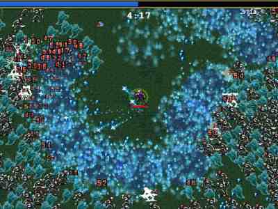 Image of undead magician using blue fire to burn away swarm of enemies in a green field in Vampire Survivors.