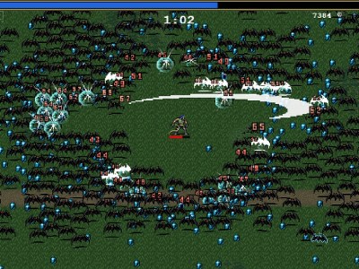 Image of vampire slayer in a green field swinging a sword at a swarm of bats in Vampire Survivors.
