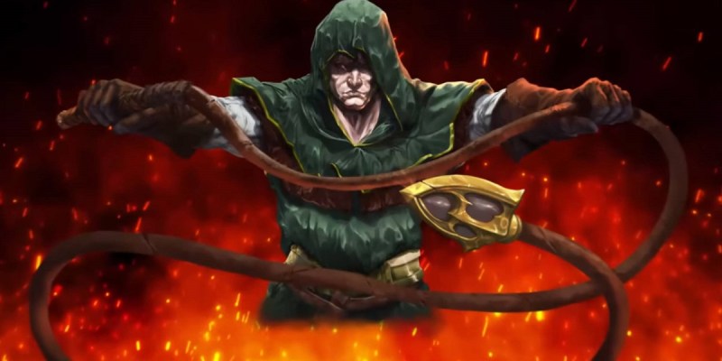 Image of vampire slayer wearing a green hooded cloak with a long whip in Vampire Survivors artwork.