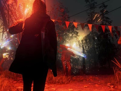 A woman in a coat, facing enemies in an area lit by red lighting in Alan Wake 2. This image is part of an article about patch notes for Alan Wake 2 Update 13: The Final Draft.