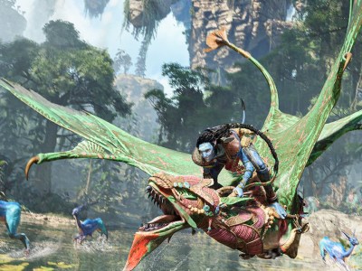 Avatar: Frontiers of Pandora, with a Na'vi riding a flying animal.