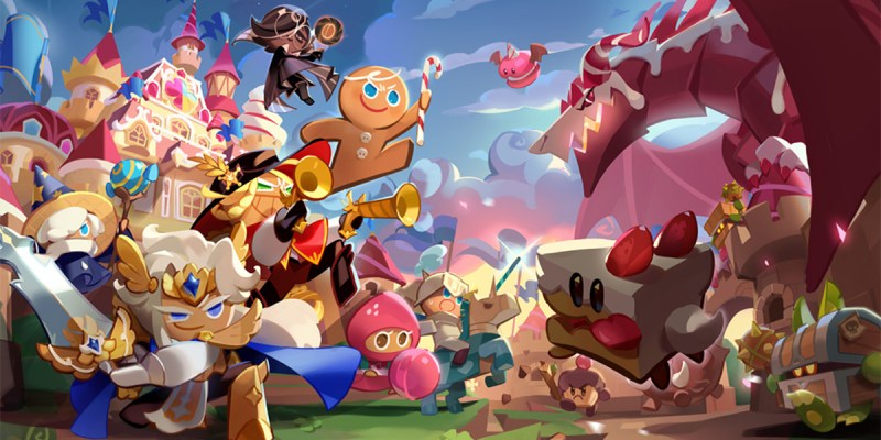 A header image for Cookie Run Kingdom showing the main cookies about to attack some of the game's monsters. The image was originally used as part of an article on if you can play Cookie Run Kingdom on PC.