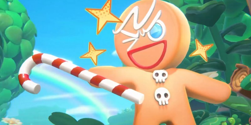 A header image for Cookie Run: Kingdom showing GingerBrave pointing a candy cane off-screen. The image was originally used as part of an article on all the voice actors and cast list for Cookie Run: Kingdom.