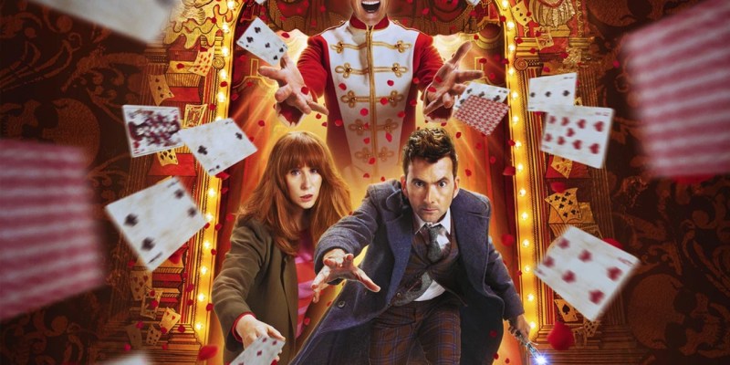 Doctor Who's The Giggle, with the Doctor and Donna, the Toymaster looming over them.