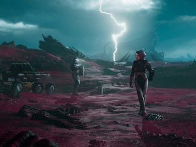 A promo still from Exodus featuring an astronaut on an alien planet with a lightning strike in the background.