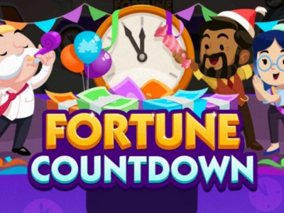 A header-sized image for the Fortune Countdown event in Monopoly GO showing Mr. Monopoly partying with some friends around a giant clock with streamers.