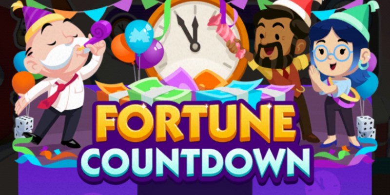A header-sized image for the Fortune Countdown event in Monopoly GO showing Mr. Monopoly partying with some friends around a giant clock with streamers.