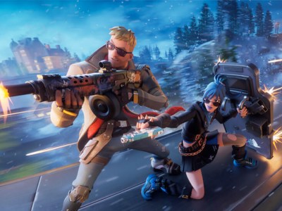 Header image for Fortnite Chapter 5 showing a man holding an assault rifle firing to the left while a woman kneels with a shield behind him. They are on top of a train going through a wintry wooded area.