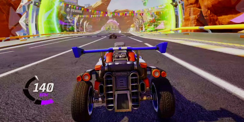 Fortnite Rocket Racing. A car zooming along a brightly-coloured track.
