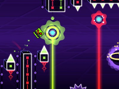 A header image for Geometry Dash showing the player character, a square, going through an obstacle course.