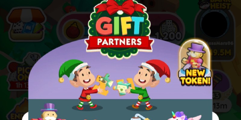 A header for the Gift Partner event in Monopoly GO showing two elves exchanging fits.