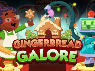 A header-sized image for the Gingerbread Galore event in Monopoly GO that shows a woman and robot building a gingerbread house.