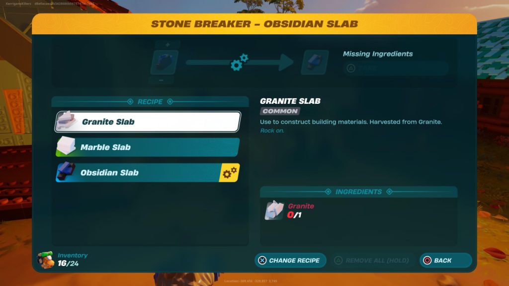 The recipe for Granite Slabs in LEGO Fortnite.