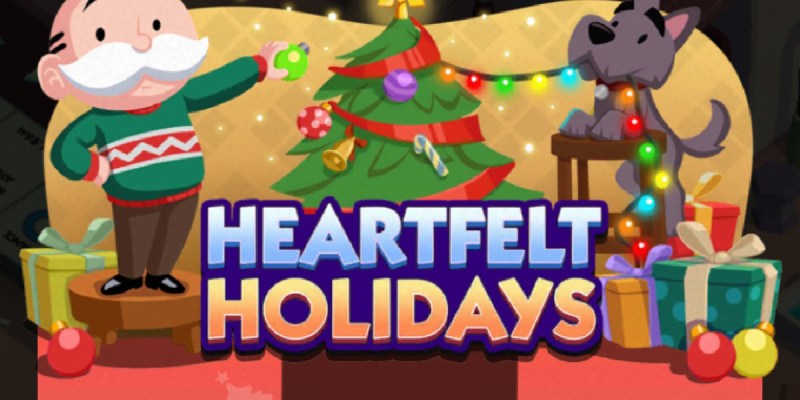 A header-sized image for the Heartfelt Holidays event in Monopoly GO. The image shows Rich Uncle Pennybags and a dog decorating a Christmas tree with lights.