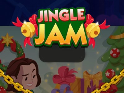 A header for the Jingle Jam event in Monopoly GO showing the logo for the event and a woman looking at presents on a piano.