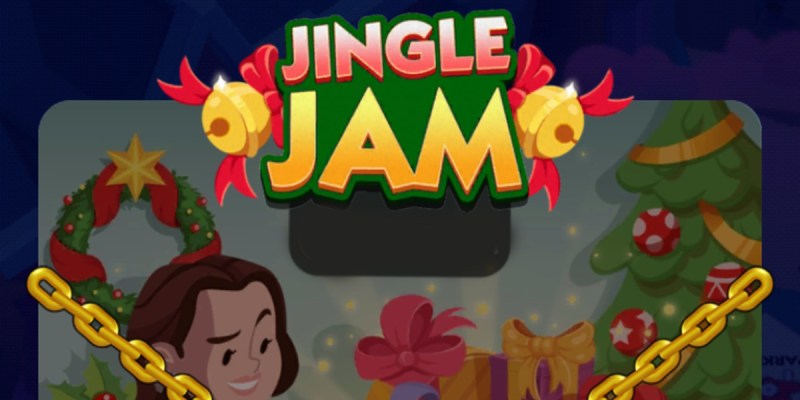 A header for the Jingle Jam event in Monopoly GO showing the logo for the event and a woman looking at presents on a piano.