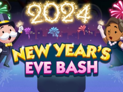 A header for the New Year's Eve Bash event in Monopoly GO that shows Mr. Monopoly celebrating with a posh looking woman.