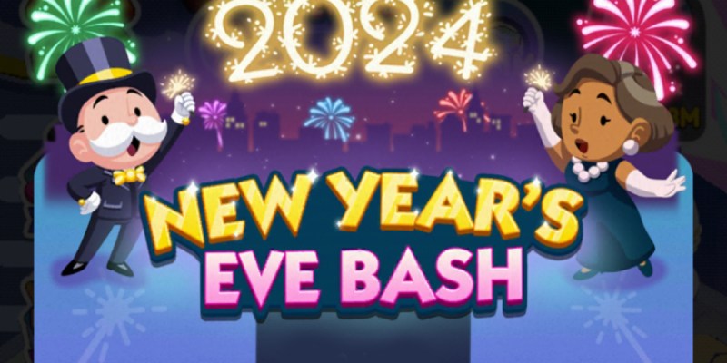 A header for the New Year's Eve Bash event in Monopoly GO that shows Mr. Monopoly celebrating with a posh looking woman.