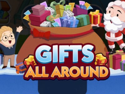 A header for the Gifts All Around event in Monopoly GO showing Mr. Monopoly taking a gift out of a giant bag full of presents while a child looks on.