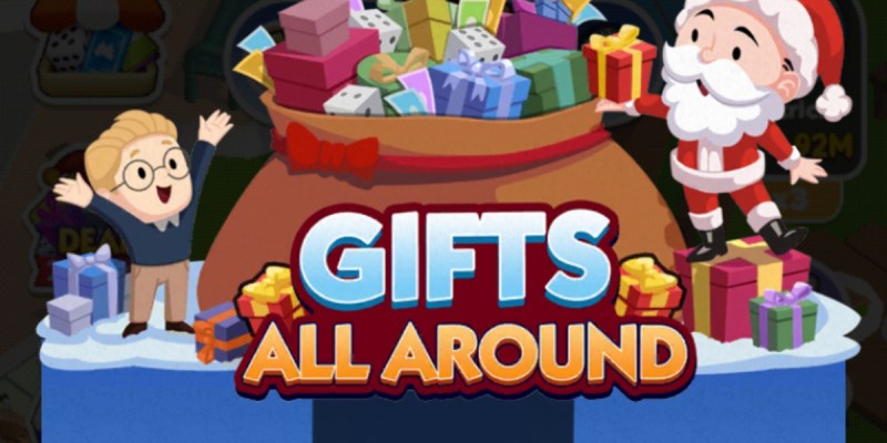 A header for the Gifts All Around event in Monopoly GO showing Mr. Monopoly taking a gift out of a giant bag full of presents while a child looks on.