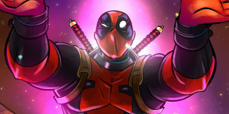 close up of the penny arcade deadpool variant in marvel snap