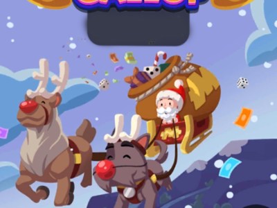 A header-sized image for the Reindeer Gallop event in Monopoly GO showing Rich Uncle Pennybags riding Santa's Sleigh and dressed like him.