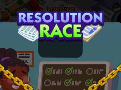 A header-sized image for the Resolution Race tournament in Monopoly GO, showing the logo for the event and a woman in the background.