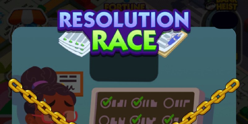 A header-sized image for the Resolution Race tournament in Monopoly GO, showing the logo for the event and a woman in the background.