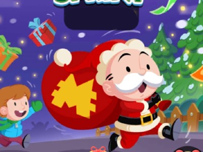 A header image for the Santa's Sprint event in Monopoly GO that shows Mr. Monopoly running around dressed up as Santa Claus while a child chases him.