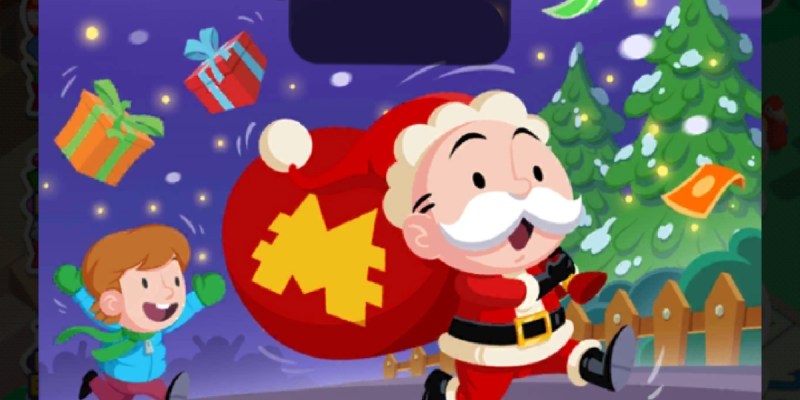 A header image for the Santa's Sprint event in Monopoly GO that shows Mr. Monopoly running around dressed up as Santa Claus while a child chases him.