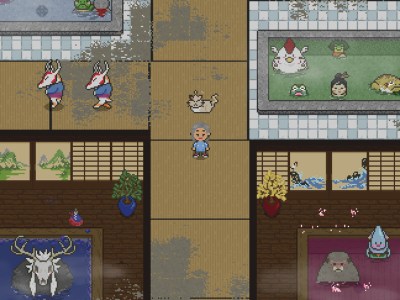 A pixel character standing inside a dusty bathhouse with strange creatures around.