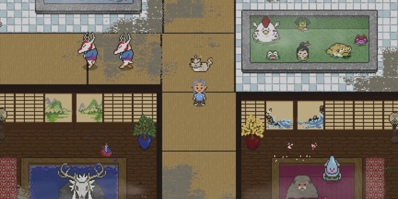 A pixel character standing inside a dusty bathhouse with strange creatures around.