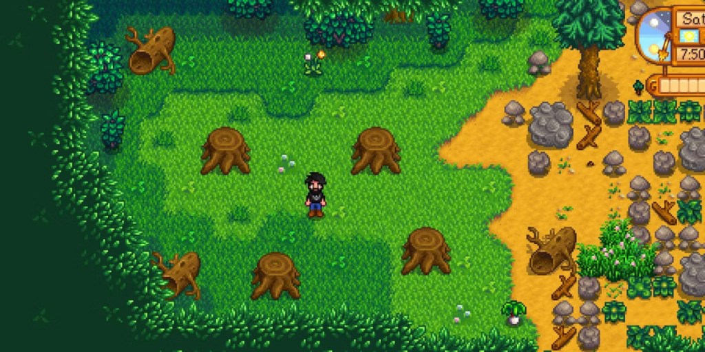 Player stands among stumps. This image is part of an article about all the concert dates for Stardew Valley: Festival of Seasons.