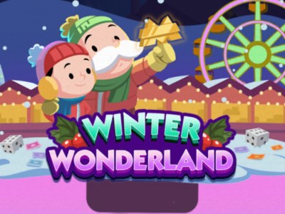 A header for the Winter Wonderland event in Monopoly GO showing Rich Uncle Pennybags holding a child and looking at a golden M.