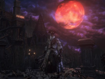 Image of bloodied man wearing a tricorn hat and priestly clothes with a blood moon in the sky in Bloodborne.