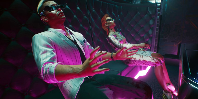 Two people experiencing a Braindance in Cyberpunk 2077