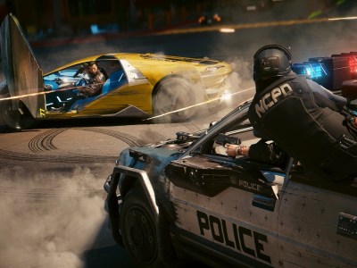 Image of man in yellow sports car being shot at by police in car chase in Cyberpunk 2077 artwork.