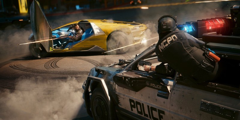 Image of man in yellow sports car being shot at by police in car chase in Cyberpunk 2077 artwork.