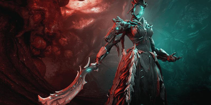 Image of female humanoid machine, Dagath, in black and holding a curved sword in Warframe artwork.