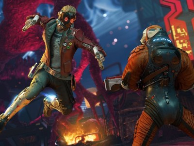Image of man in red leather jacket and techno facemask preparing to hit an alien man with his gun.
