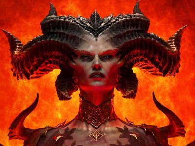 Image of demonic-looking lady with horns in her head standing in front of hellfire.