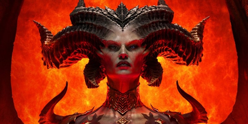 Image of demonic-looking lady with horns in her head standing in front of hellfire.