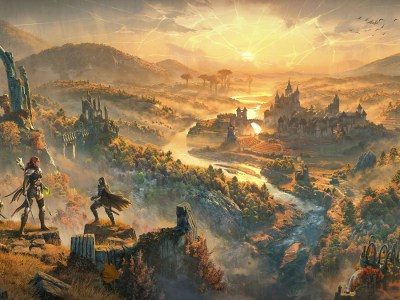 Image of traveling warriors standing on a cliff face overlooking a ruined town at sunset in ESO Gold Road artwork.