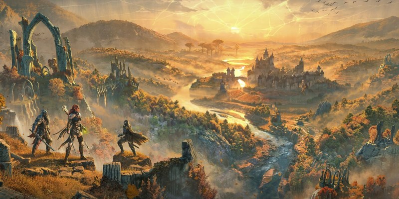 Image of traveling warriors standing on a cliff face overlooking a ruined town at sunset in ESO Gold Road artwork.