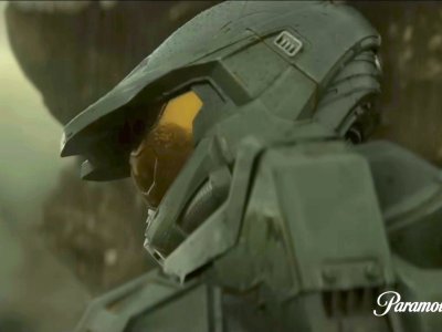 A shot of Master Chief's helmet from the Halo Season 2 trailer.