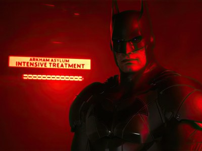Image of Batman with purple eyes standing in a neon-red-lit room. This image is part of an article about did Batman die in the Arkham games.