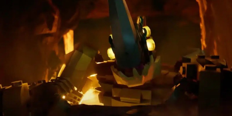 A Brute coming up from lava in LEGO Fortnite.